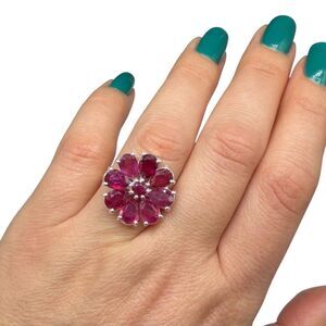 Ruby Flower Ring Size 7 Solid 925 Sterling Silver Daisy Multi Stone